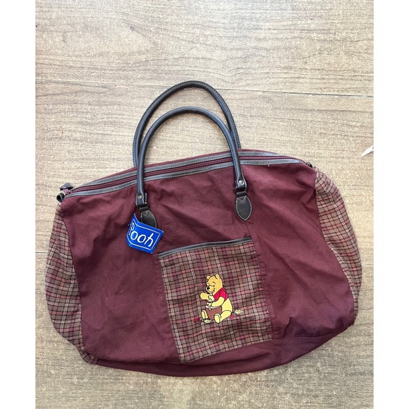 Y2K Disney Winnie The Pooh Bear BurgundyPlaid Embroidered Duffle Weekend Bag NWT - Picture 1 of 11